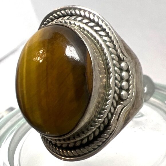 Vintage Sterling Silver Ring Tiger Eye Cabochon Ornate Detailing Boho Statement - Picture 3 of 9